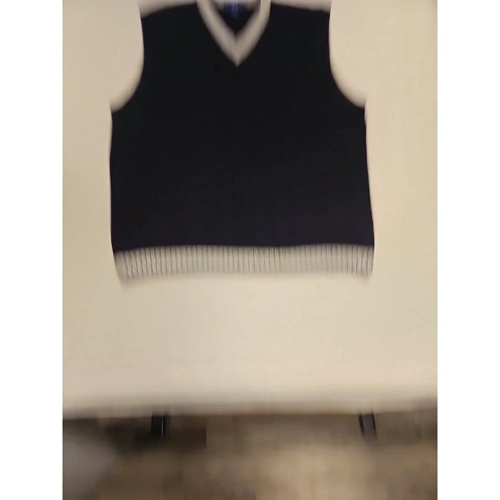 J.Crew Mens Navy Blue 100% Cotton‎ V-Neck Sweater Vest Grey Trim XL